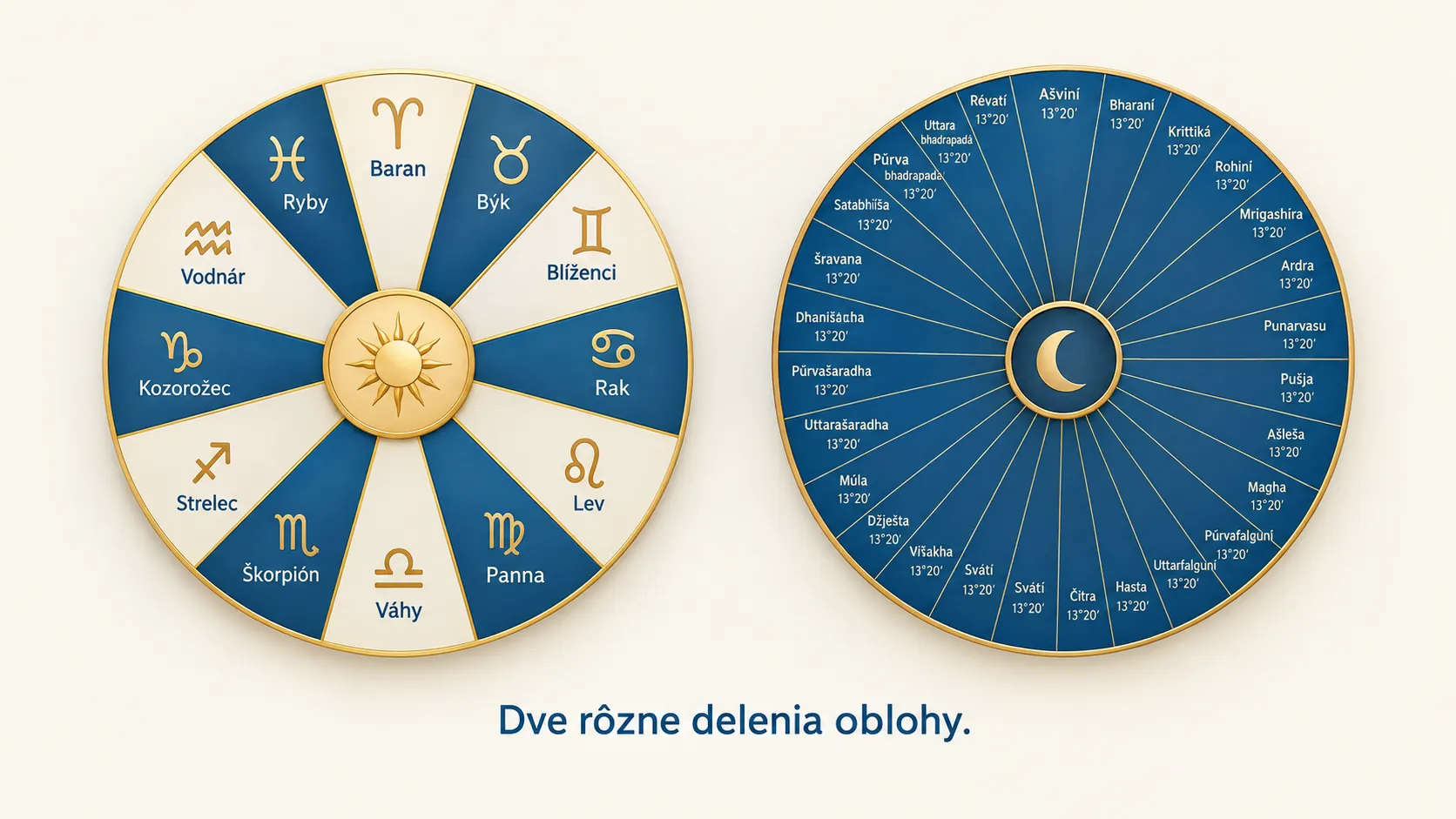 two separate circles comparing twelve zodiac signs and twenty-seven nakshatras