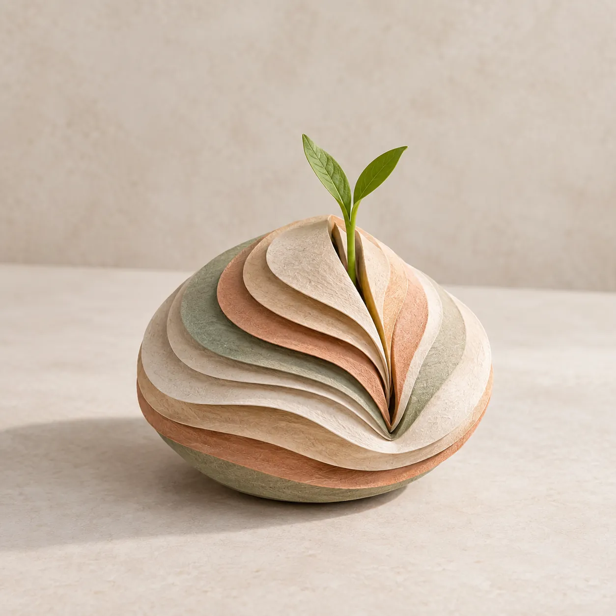 gradual personal growth symbolised by layered forms and a new green shoot