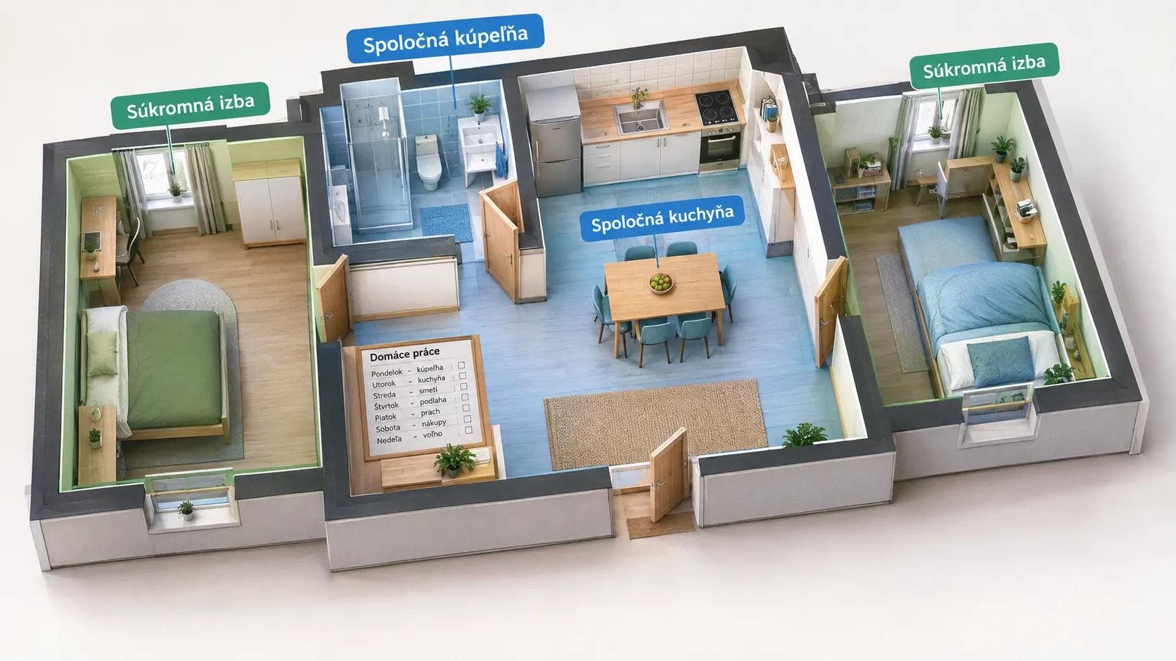 shared apartment zones visualized as a clear 3D layout