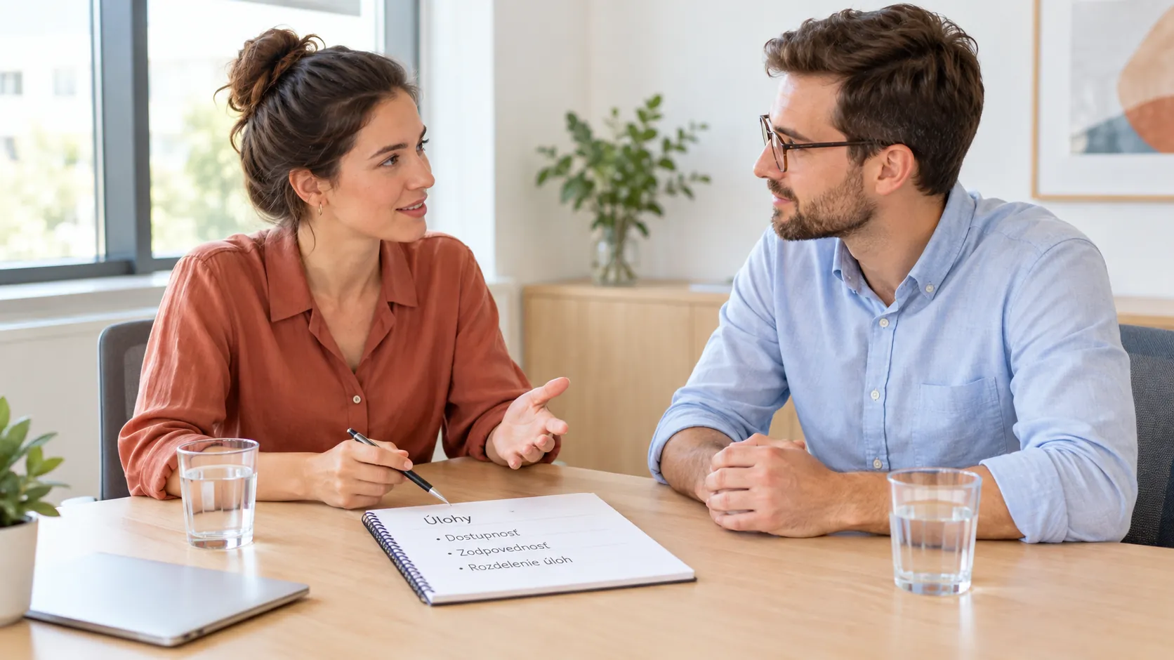 two colleagues agreeing on work boundaries during a calm planning meeting