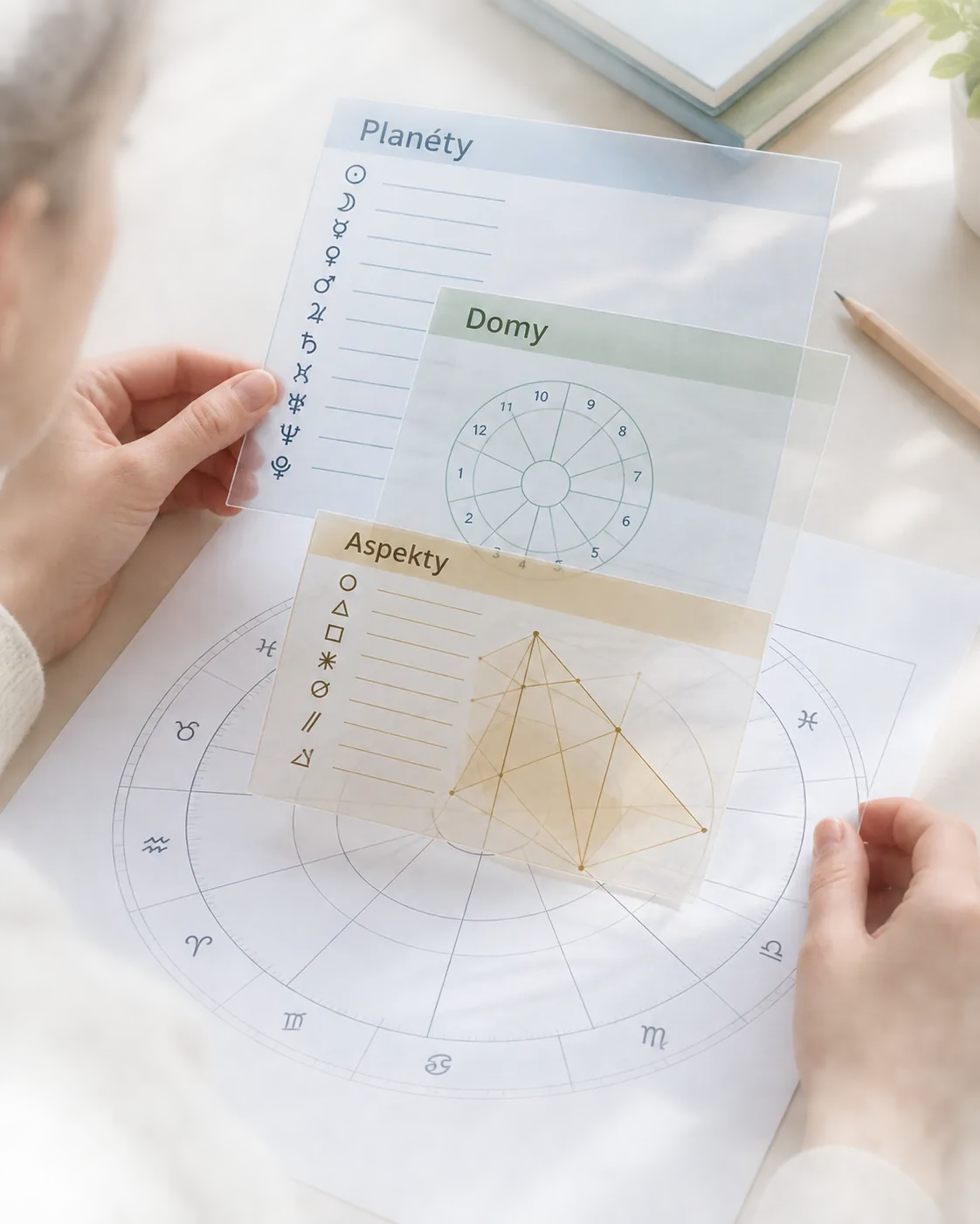 reader examining a natal chart with layered notes