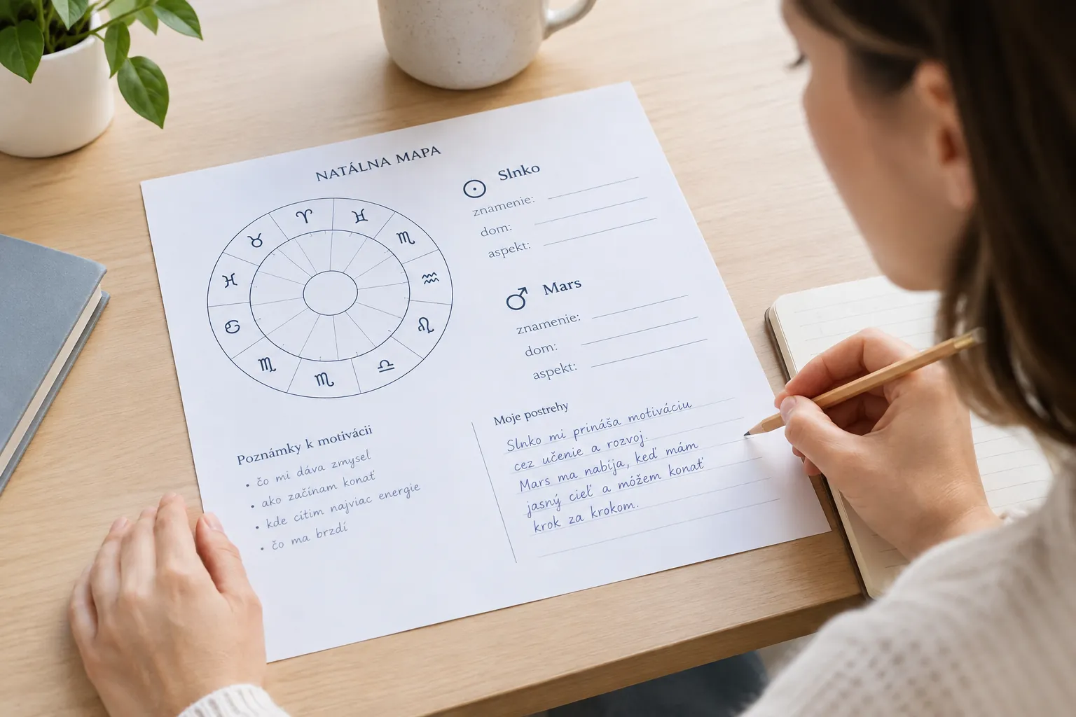 person annotating a natal chart worksheet with notes about signs houses and aspects