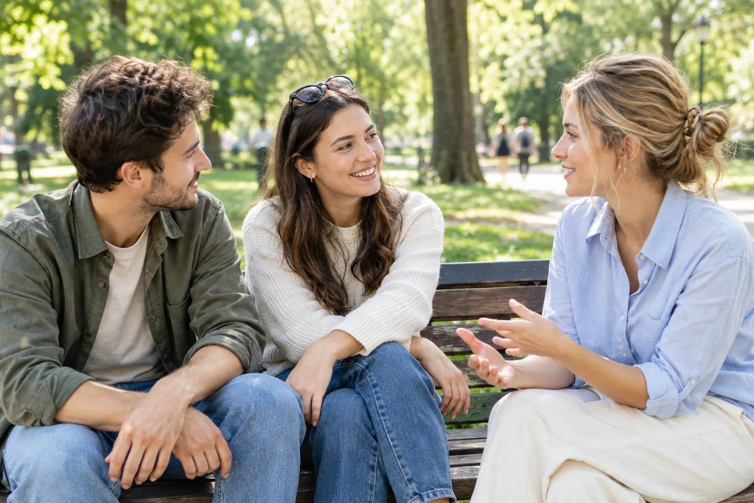 friends having a warm conversation in a sunlit park
