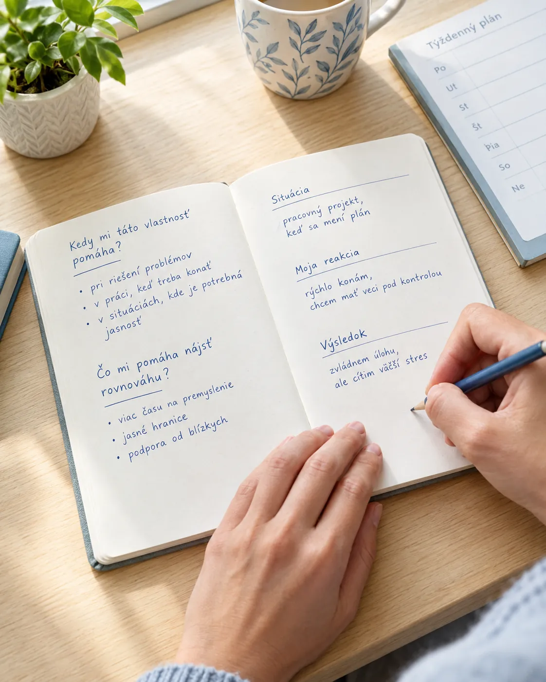 person reflecting on recurring strengths and habits in a journal