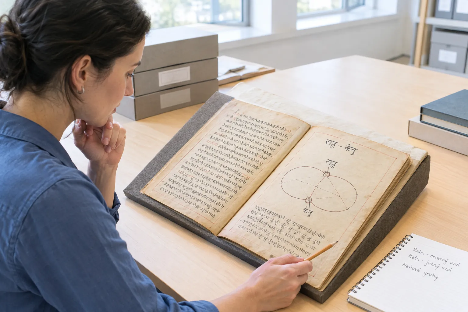 a researcher examining a facsimile of an Indian Jyotisha manuscript in a bright archive