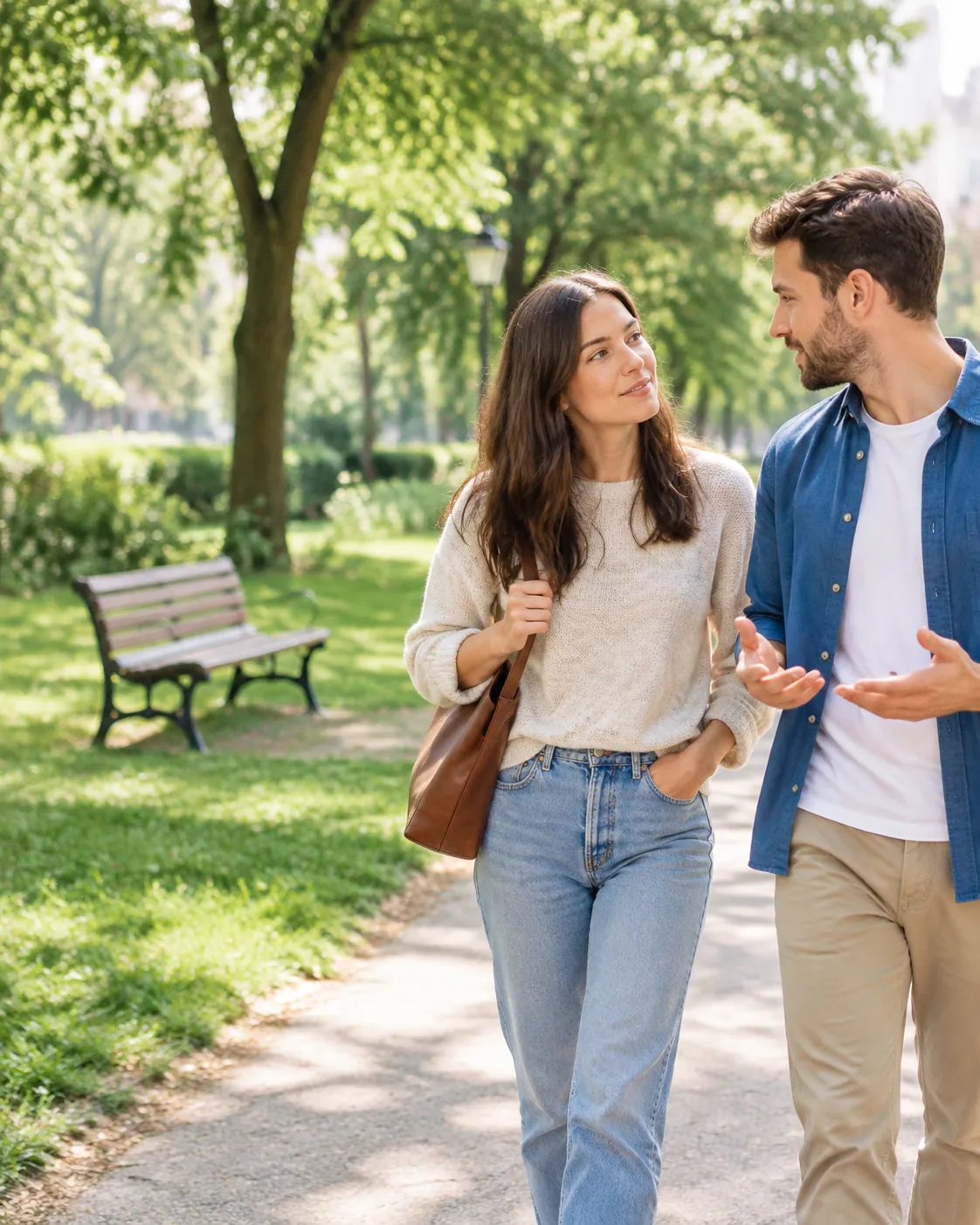 partners listening to each other during a calm walk in a park