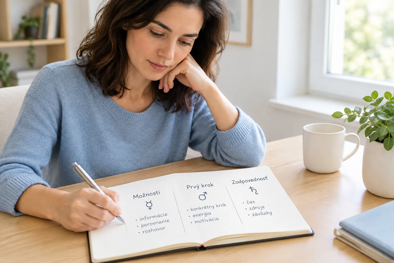 person reflecting on a decision with a journal and a clear action plan