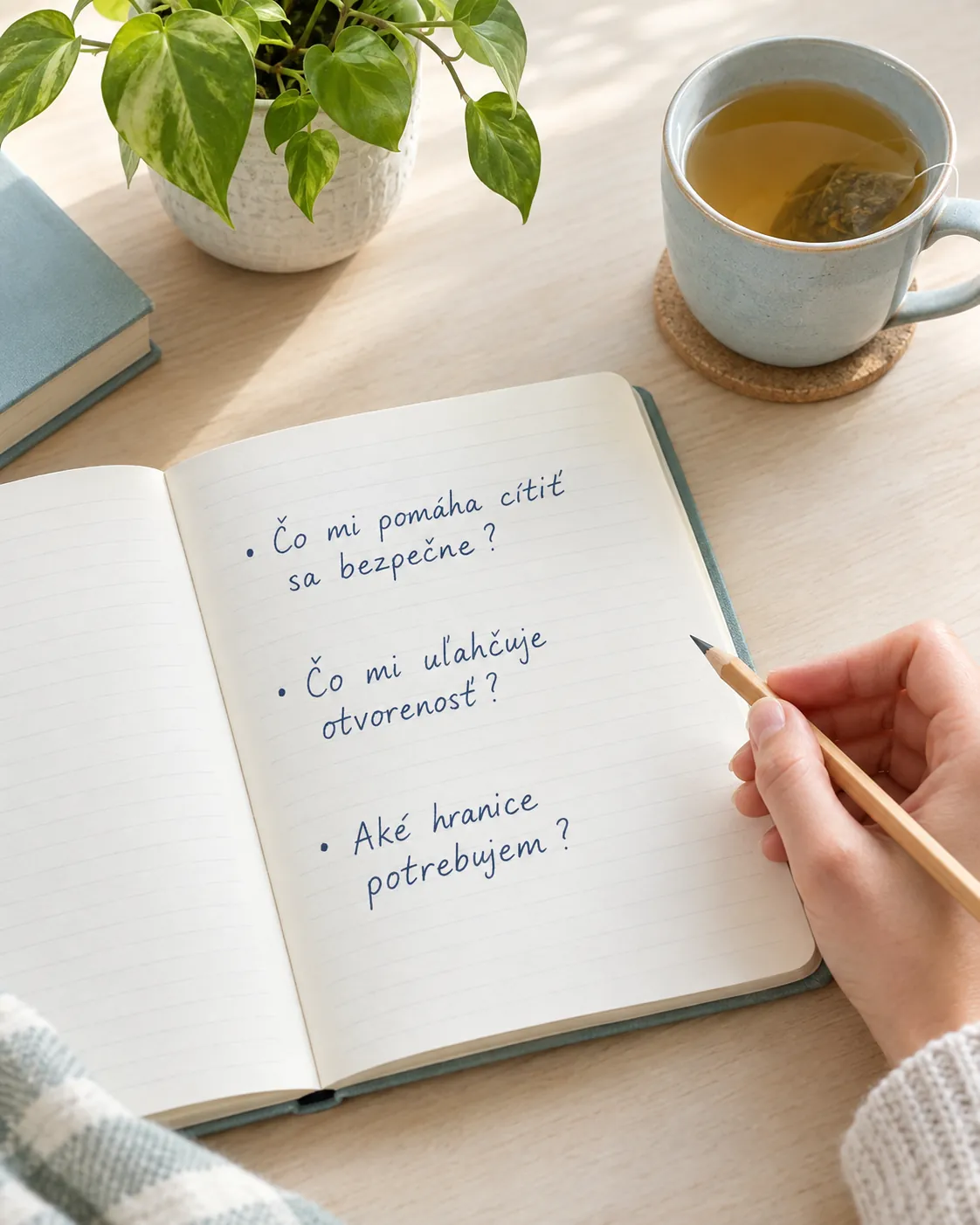 open notebook with Slovak reflection questions about emotional safety
