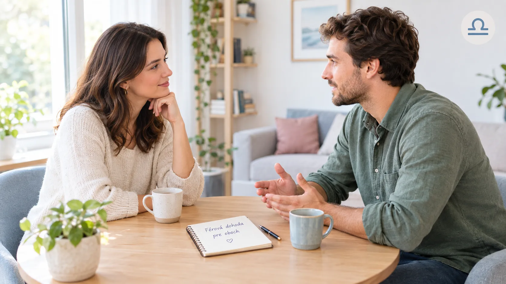 two people having a balanced conversation in a bright modern setting