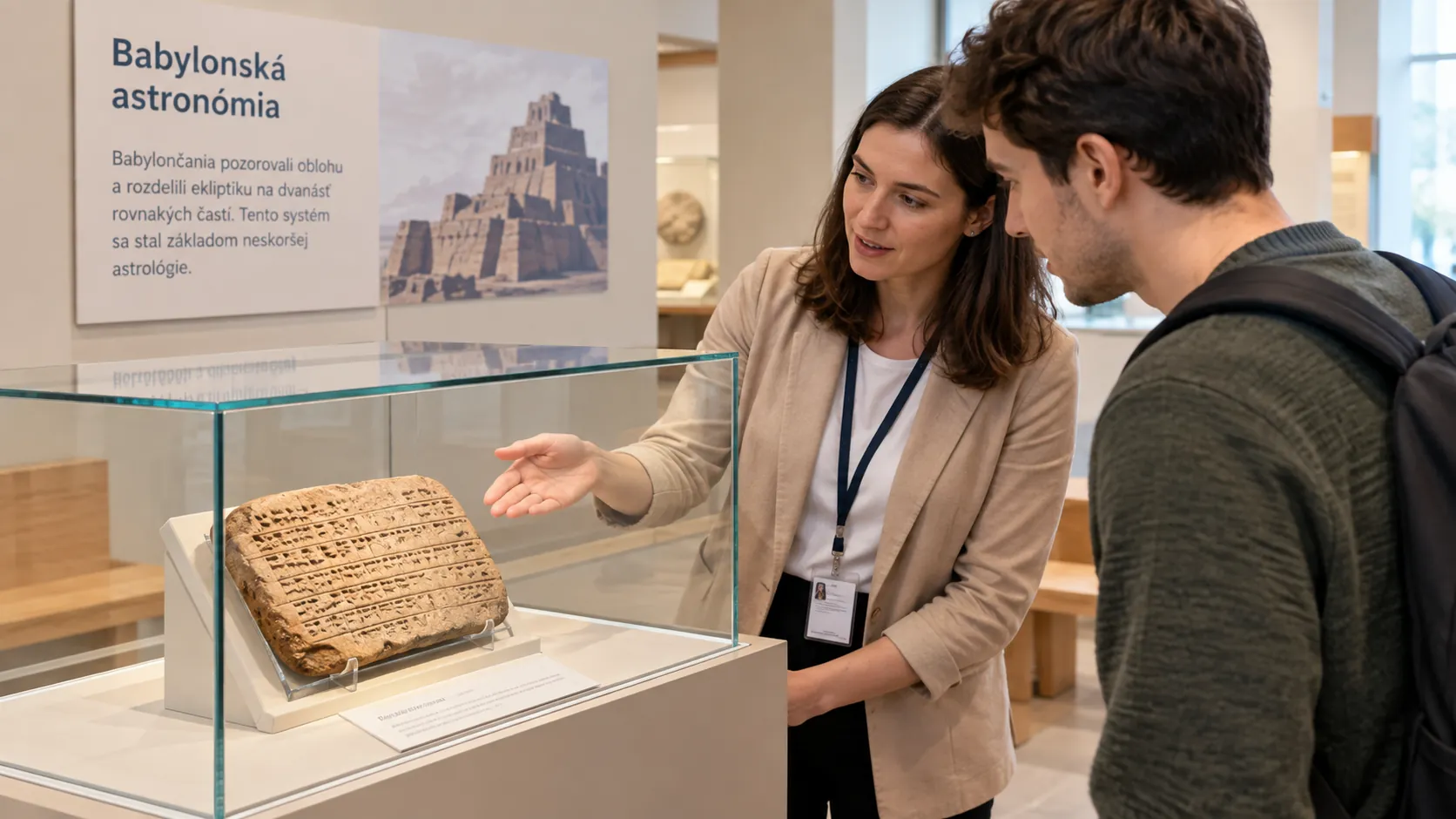 Babylonian clay tablet in a museum study setting
