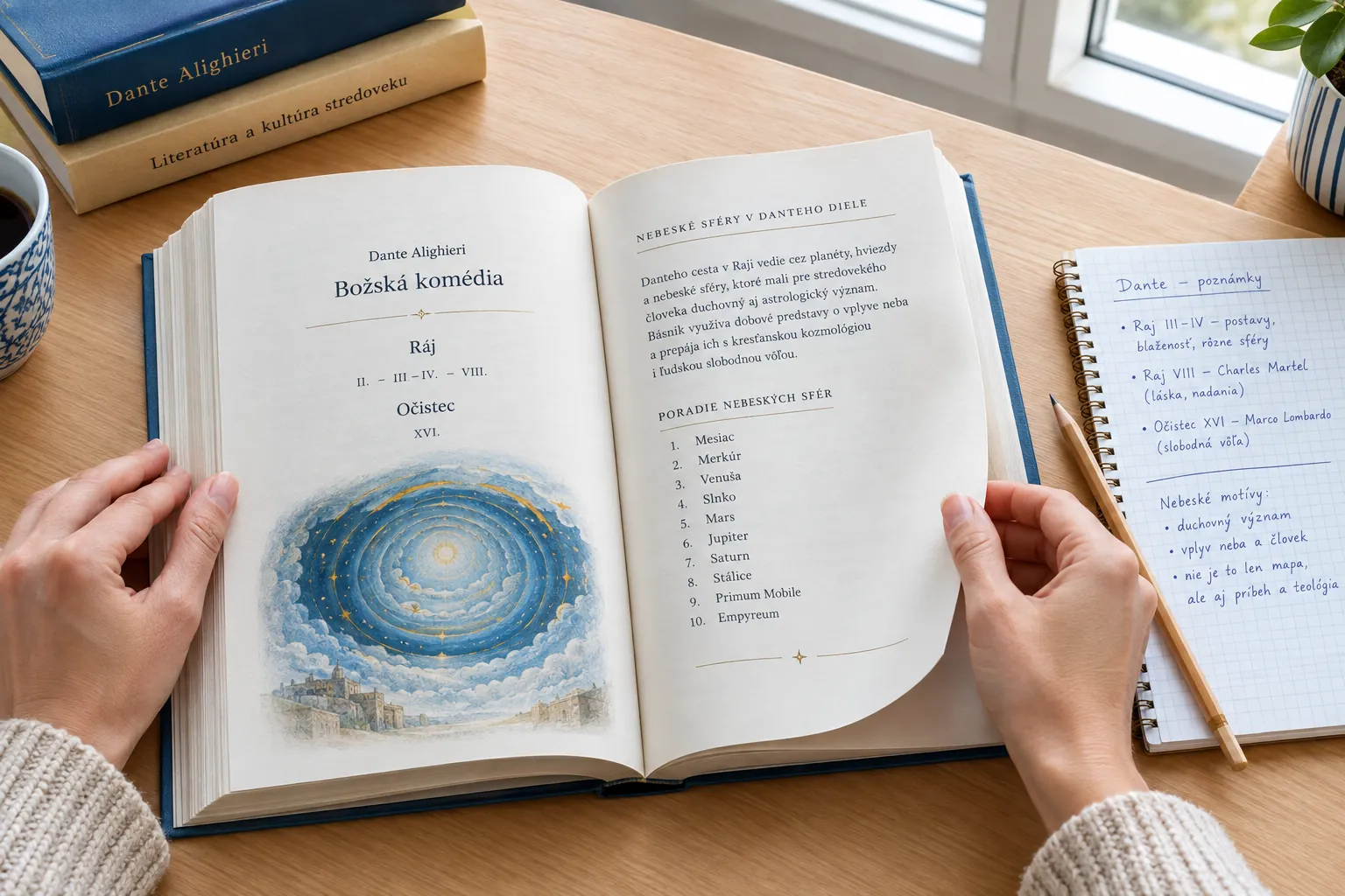 reader studying Dante's celestial imagery in a modern book
