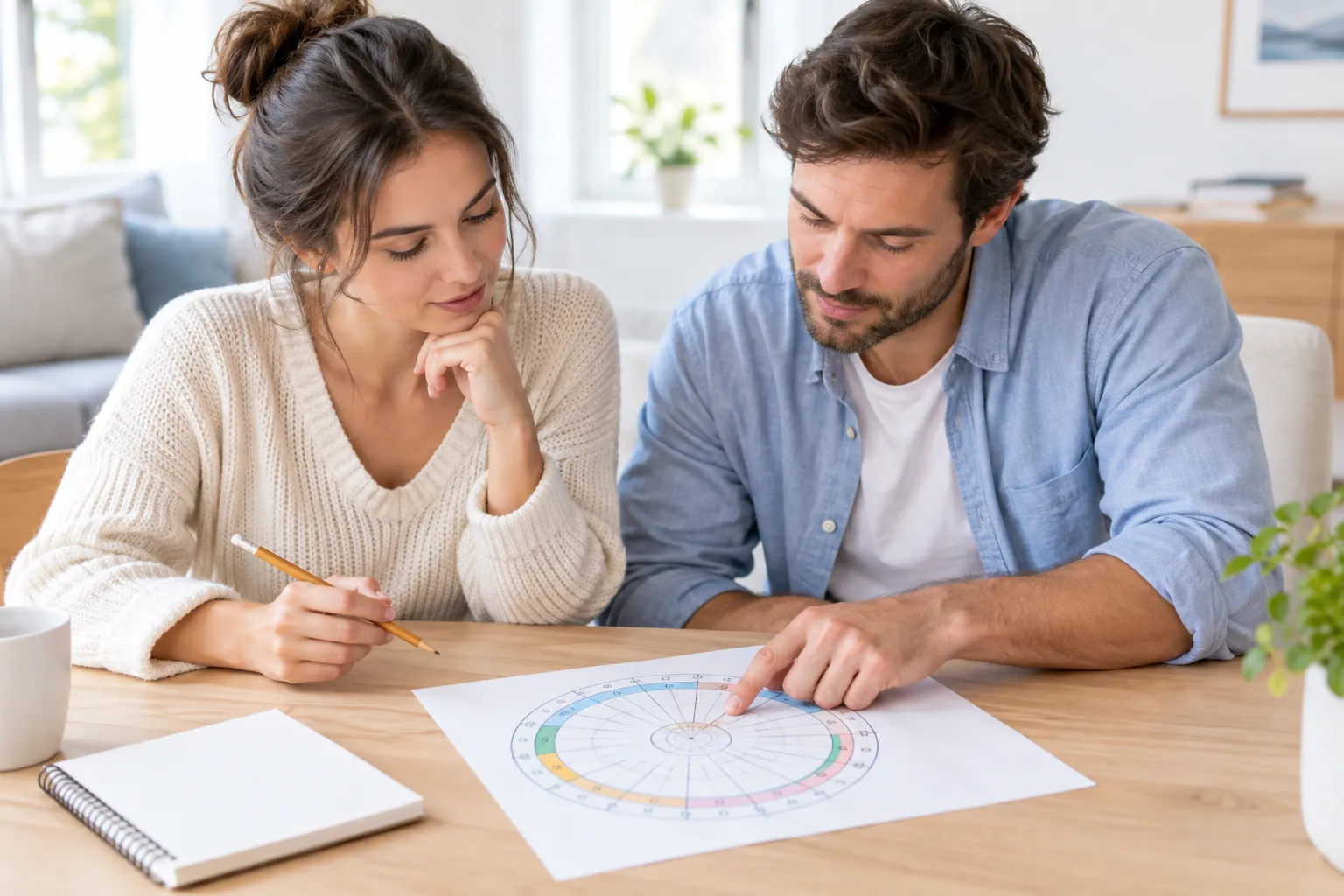 two partners exploring a shared relationship chart