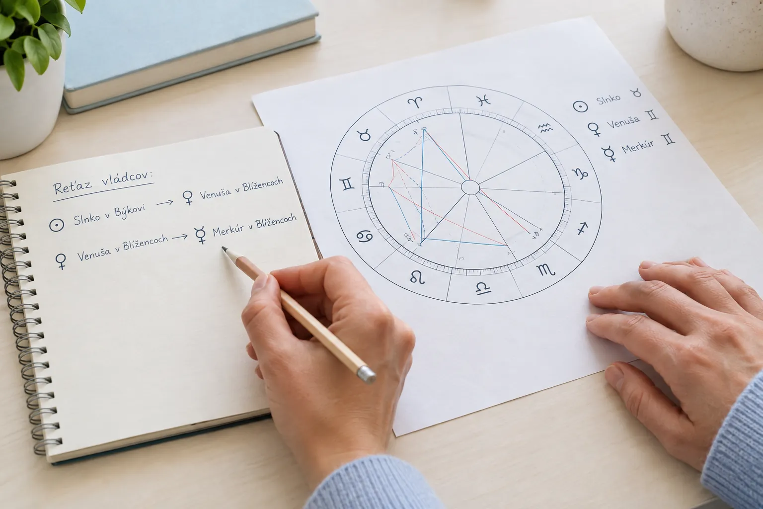 astrology reader tracing planetary rulerships in a birth chart