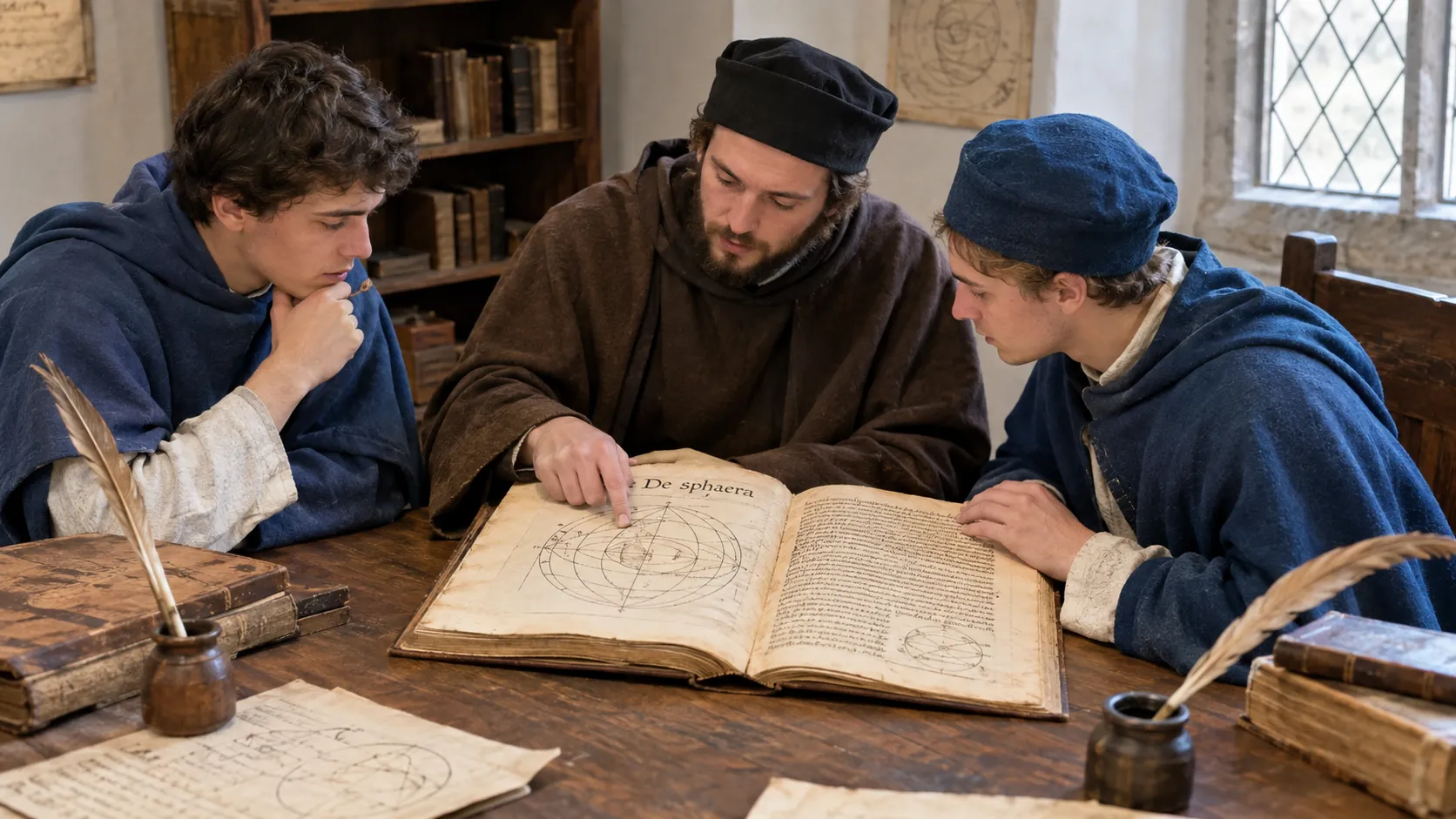 medieval university scholars studying an astronomy manuscript