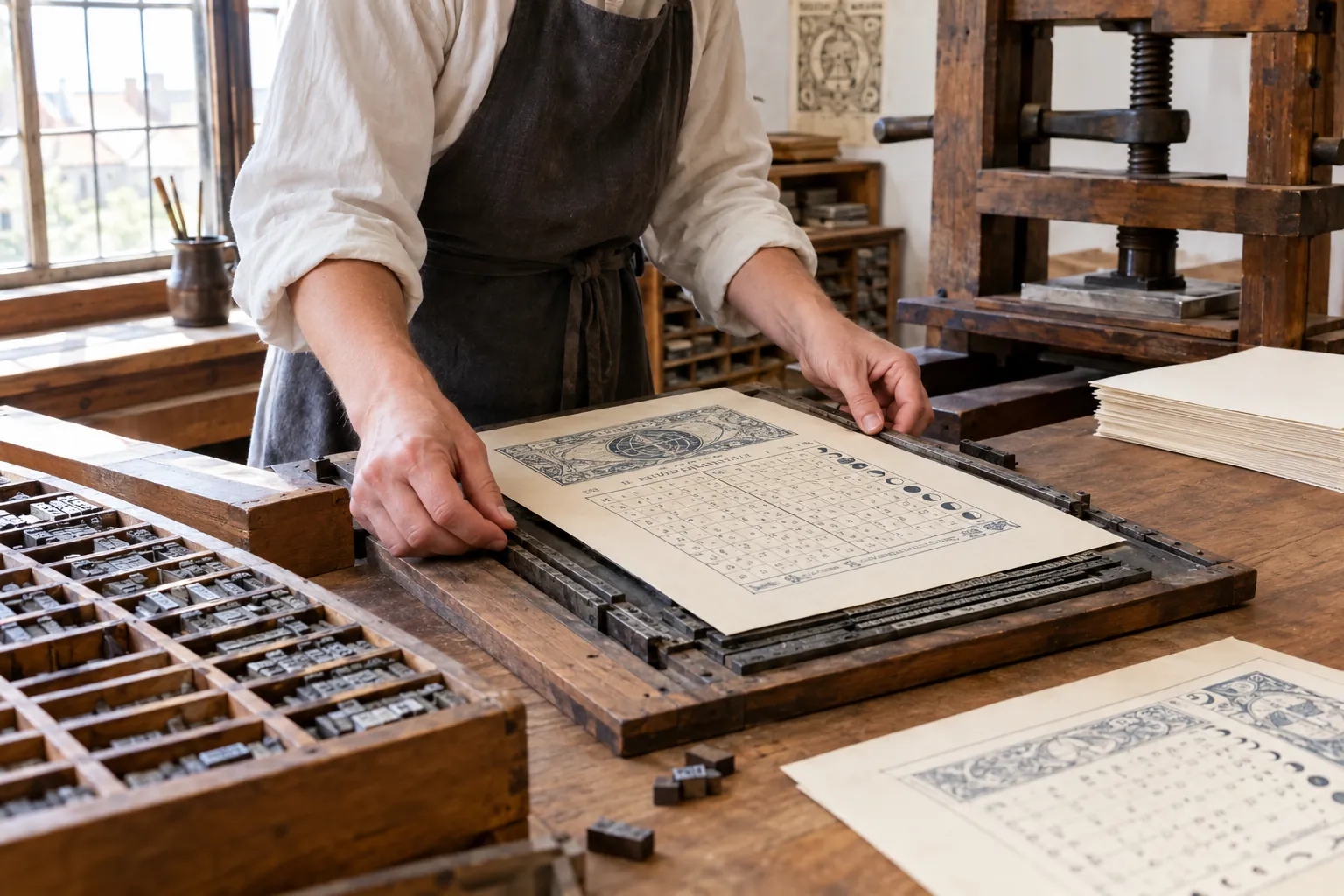 early modern calendar and almanac in a Central European print shop