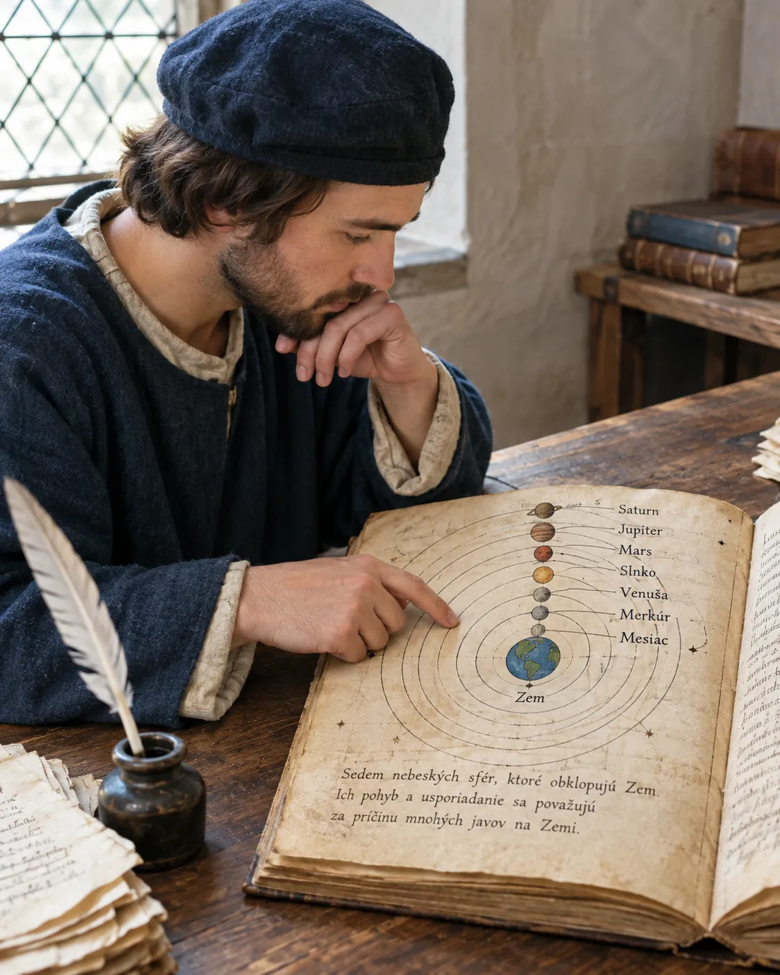 medieval scribe studying a celestial diagram