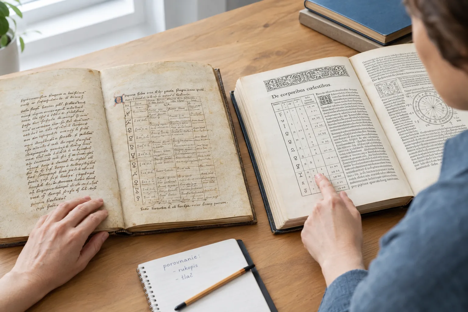 historian comparing medieval manuscript and early printed astrology facsimiles