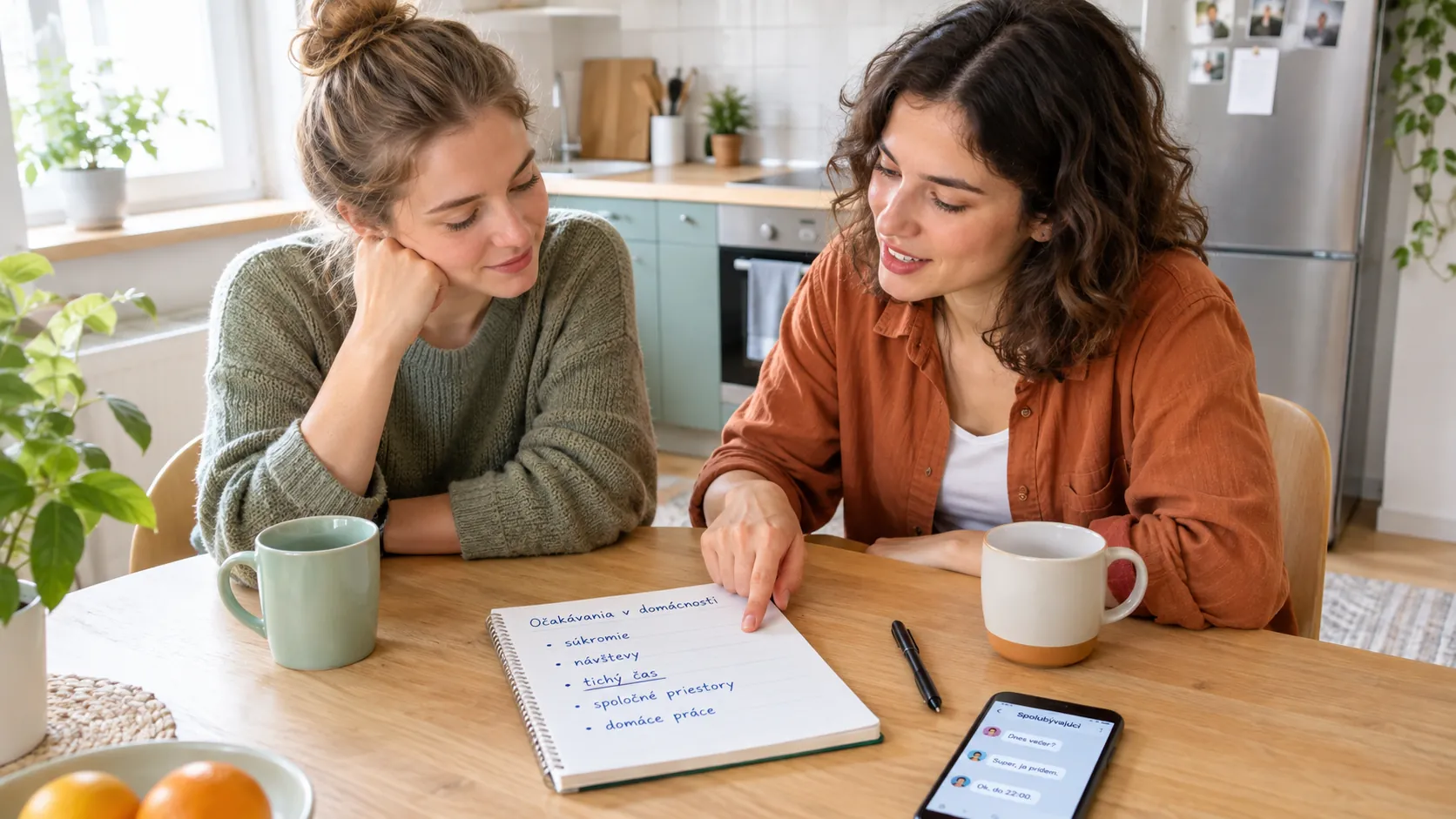 roommates discussing household expectations at a shared kitchen table