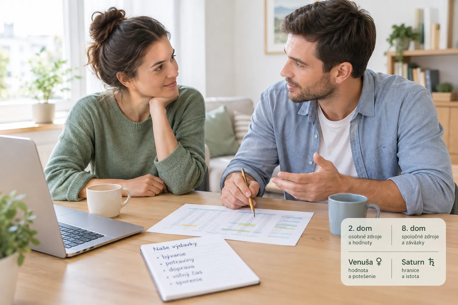 couple discussing shared expenses in a bright home
