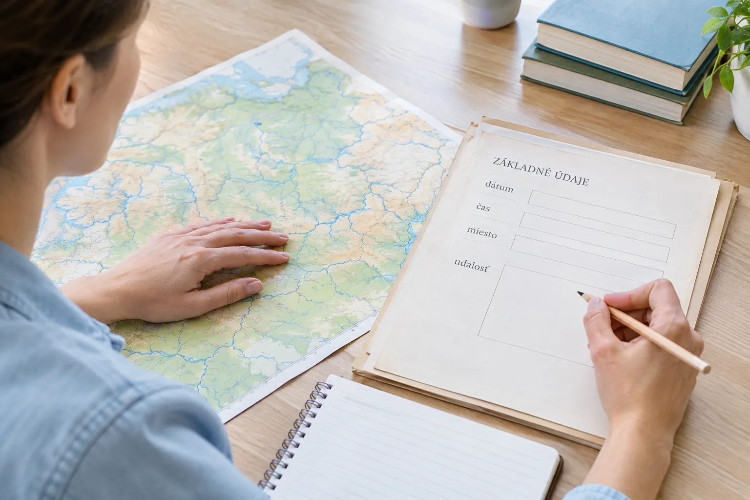 analyst studying a state map and founding records