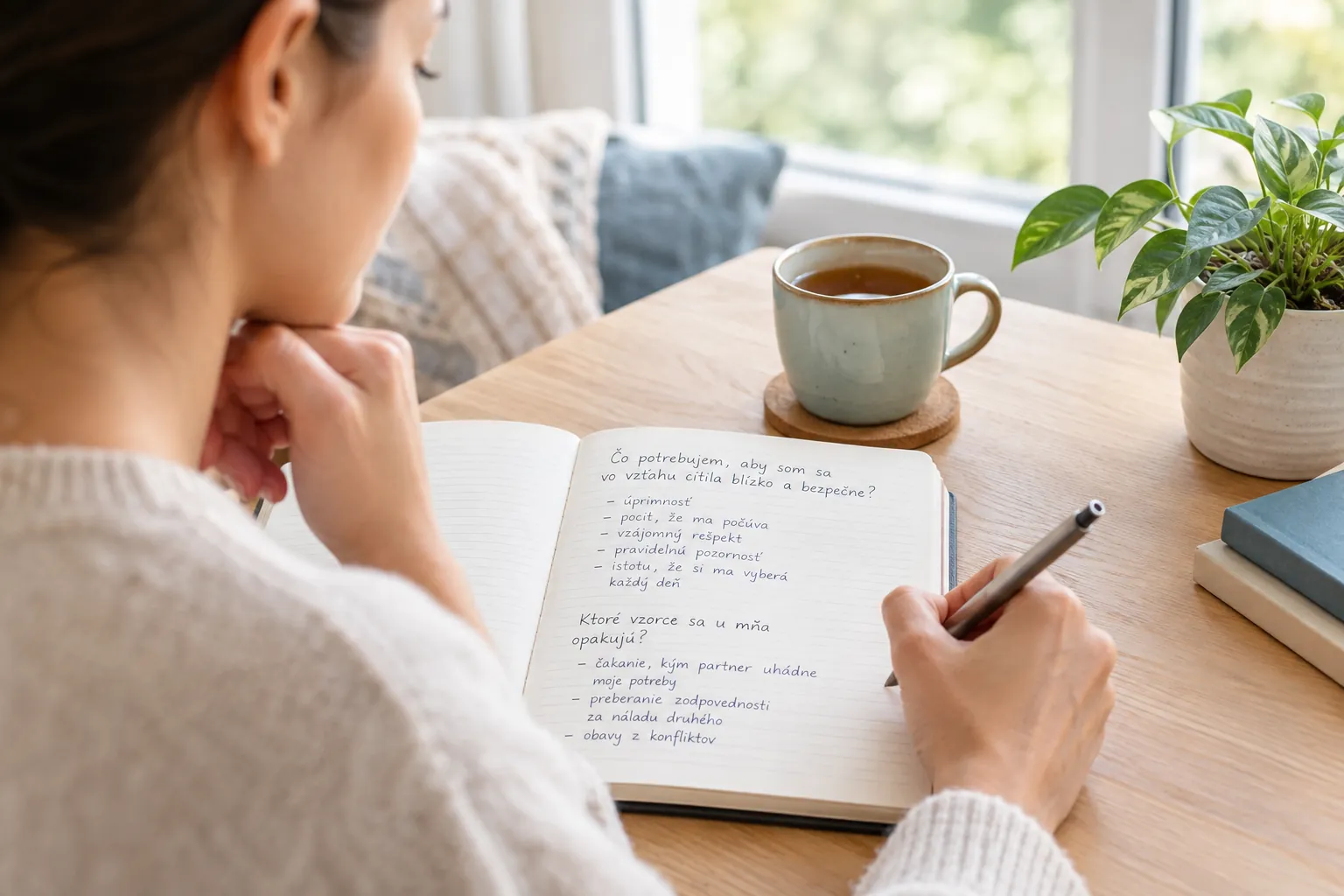 person journaling about expectations of closeness in a calm bright room