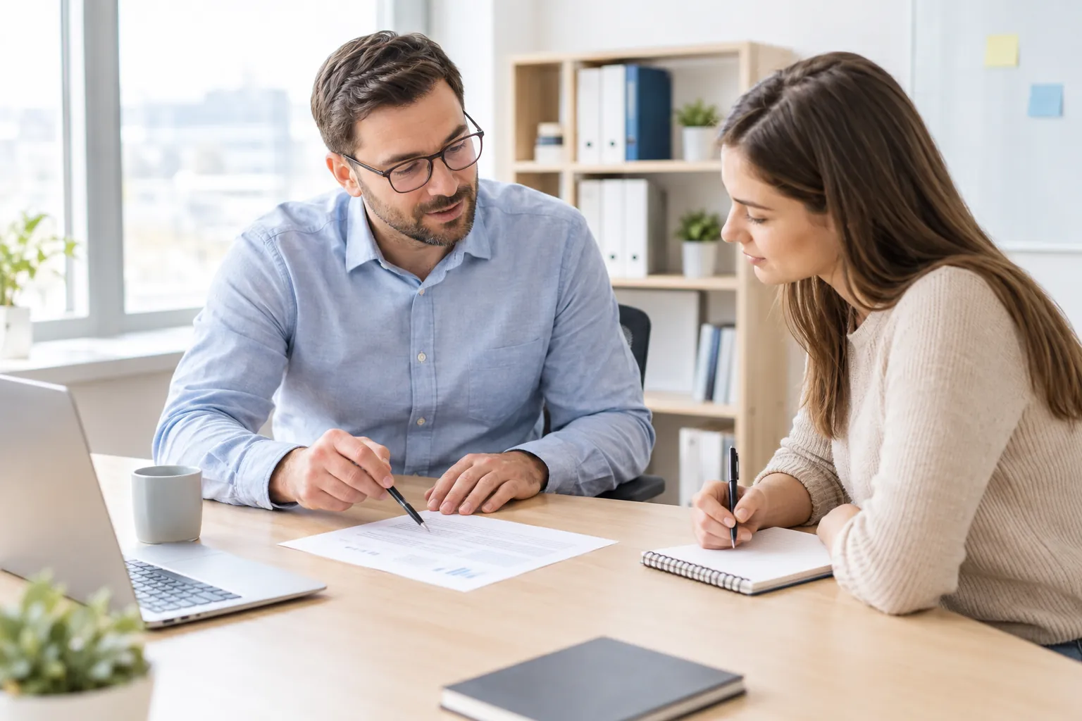 manager giving constructive feedback to an employee in a bright office